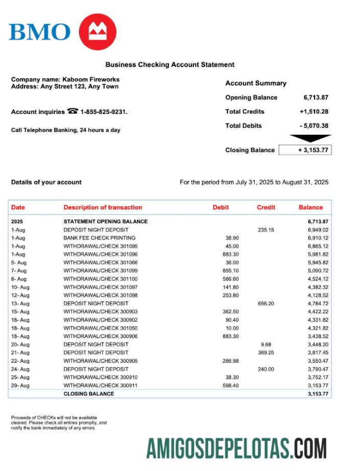 Em branco EUA BMO Bank Of Montreal Business Checking Account Statement Word e PDF modelo 2